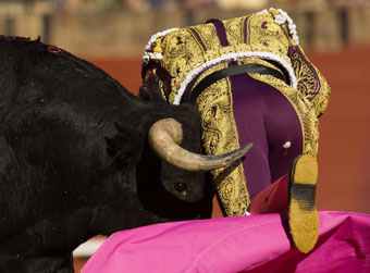 Sergio Aguilar gored in La Maestranza Sevilla, April 21, 2009. (Source: REUTERS/Marcelo del Pozo)