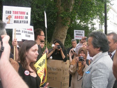 August 2010 - Anifah Aman speaking to demonstrators in London during the protest marking 50 years of ISA. In Malaysia, a simultaneous protest took place in different states.