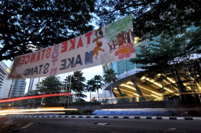 A banner hanging across KLCC convention center during 7th RSPO, Nov 2009, calls for more sustainable practices in Palm Oil industry. (Photo by ChowPong)