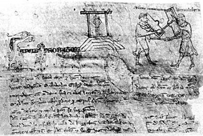 This is the only known sketch of trial by battle. Together with the gallows with an executed victim, it was made in 1249. (Source: National Archives, UK)